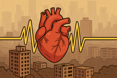 Heart floating over smoggy city with EKG behind it